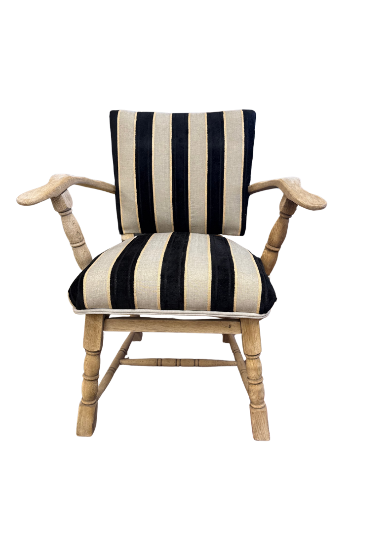 French Oak Armchair w Black and Cream Upholstery