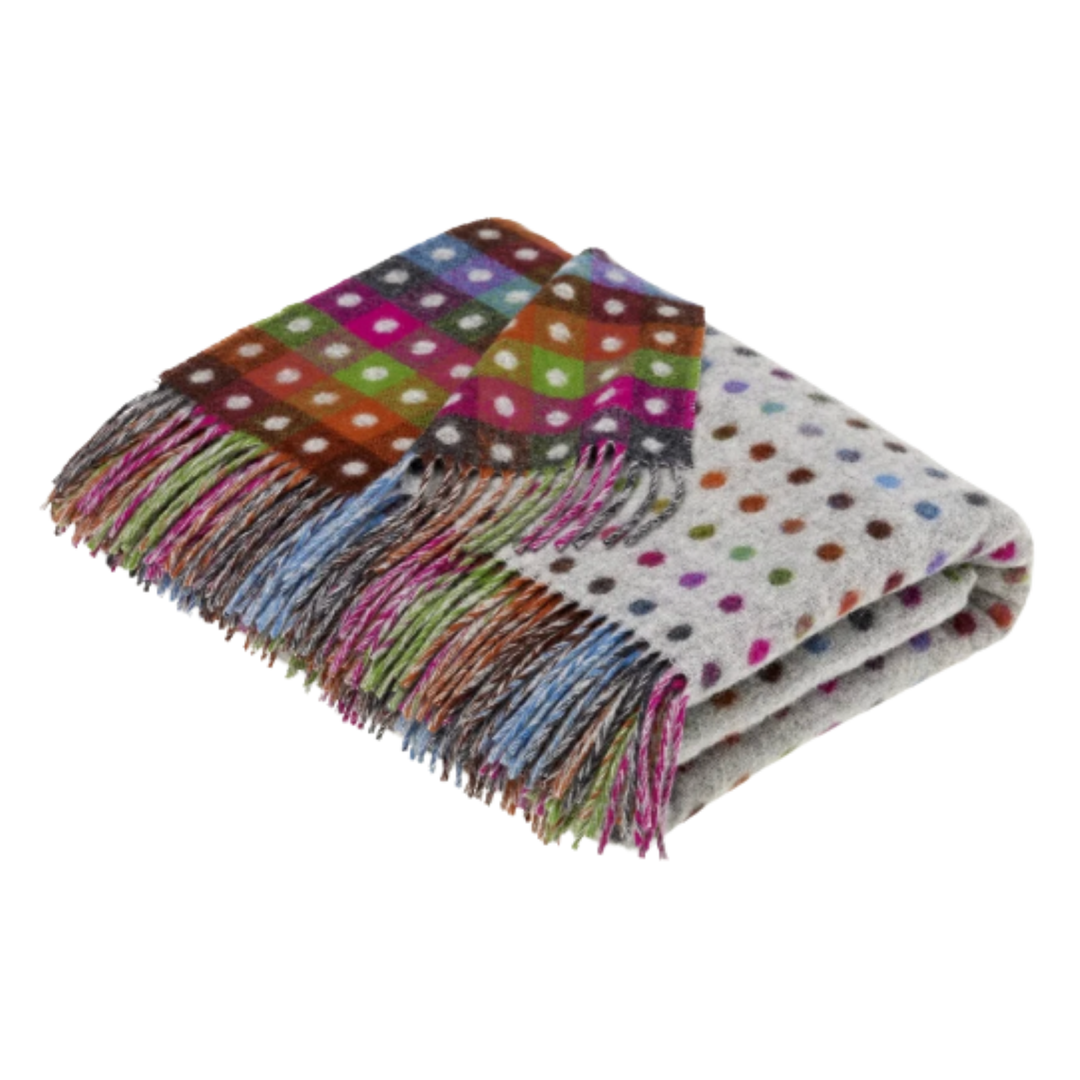Merino Lambswool Throw Blanket Rainbow Polka Dot- Grey