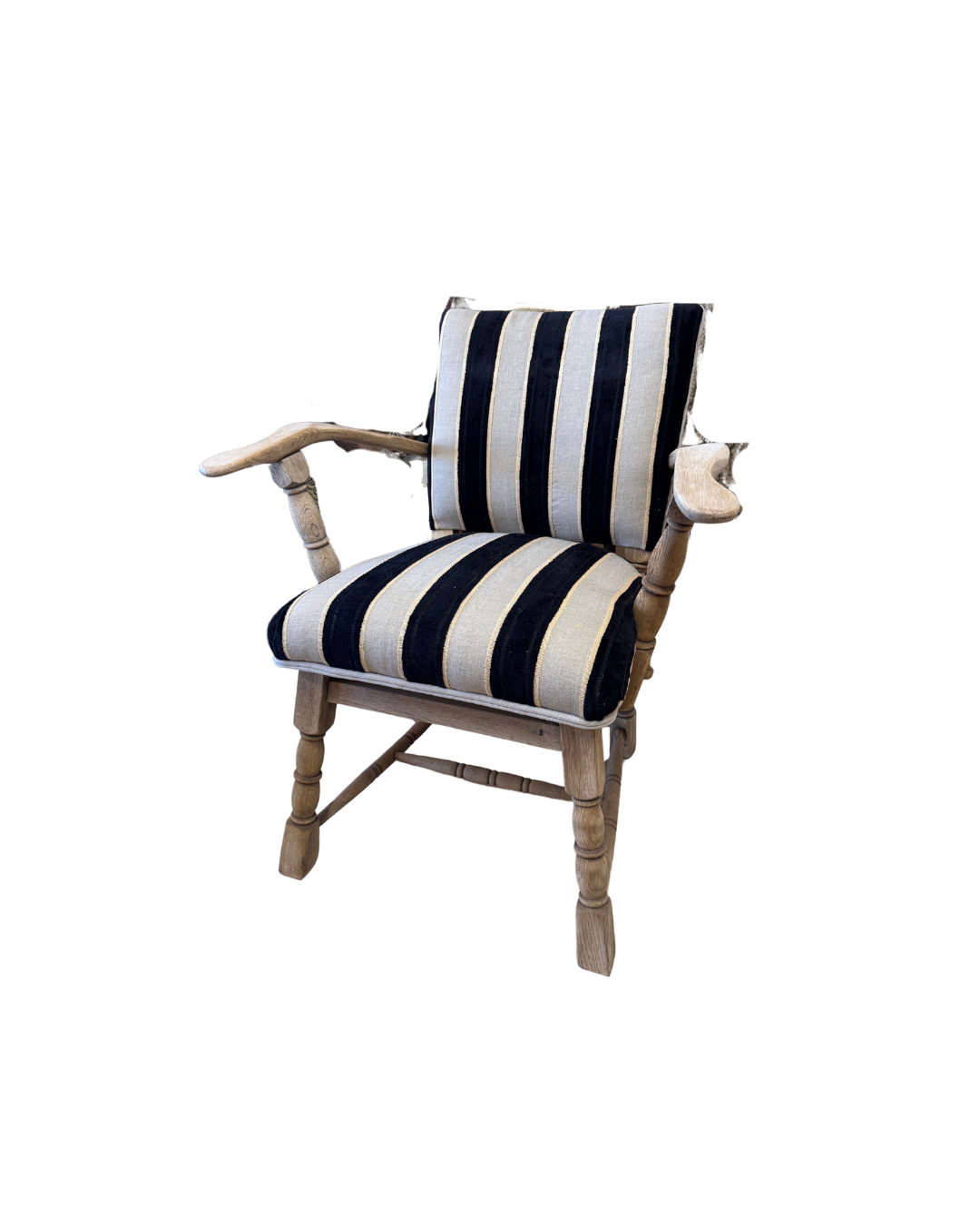French Oak Armchair w Black and Cream Upholstery