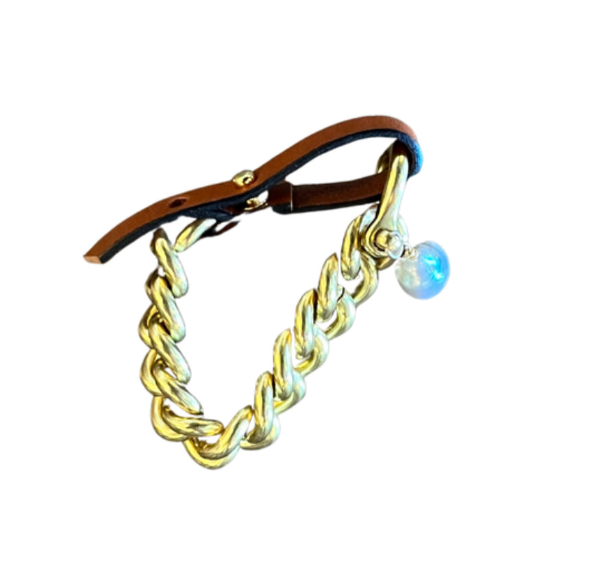 brass bracelet with adjustable leather clasp + pearl charm