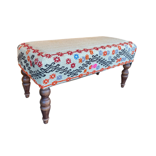 Vintage Kilim Turkish Wood Leg Bench